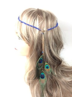Diadema trenzada estilo Ibiza azul con plumas de pavo real (1 ud)