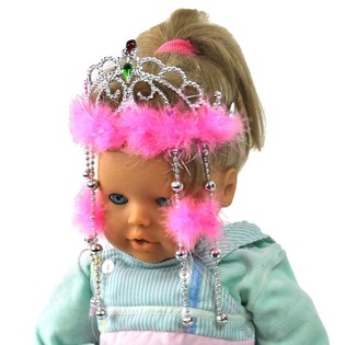 CORONA PLATEADA CON BORDE DE PELUCHE ROSA Y CORDONES (12 uds.)